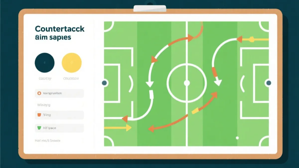 战术板上的快速反击路线：中前场断球后纵向直塞到边路与肋部，球员跑位箭头清晰