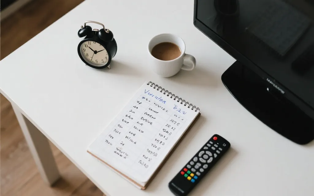 桌面上的世界杯观赛时间表与闹钟、咖啡和笔记本：制定个性化观赛清单